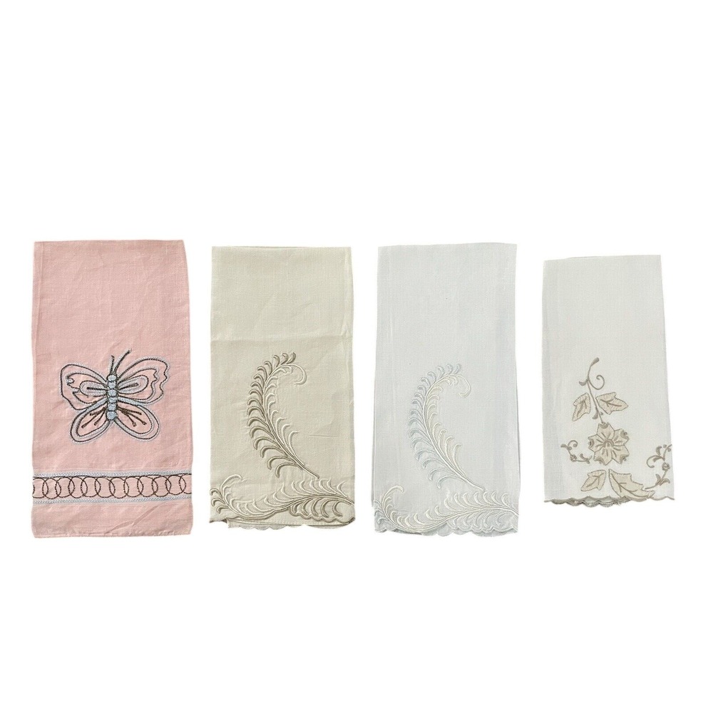 Vintage Lot of 4 Embroidered Applique Linen Tea Towels Butterfly Floral